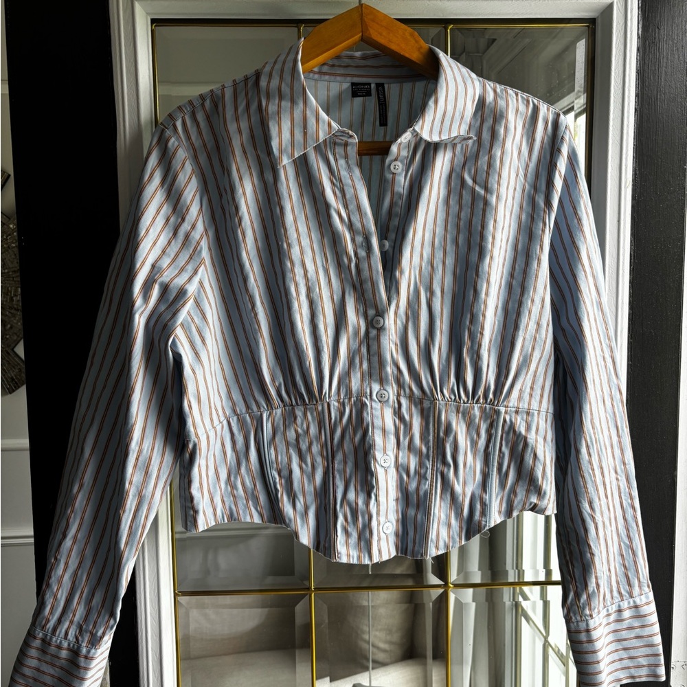 Twik Striped Half Corset Dress Shirt - Blue  with Pink/Brown/Yellow Pinstripes